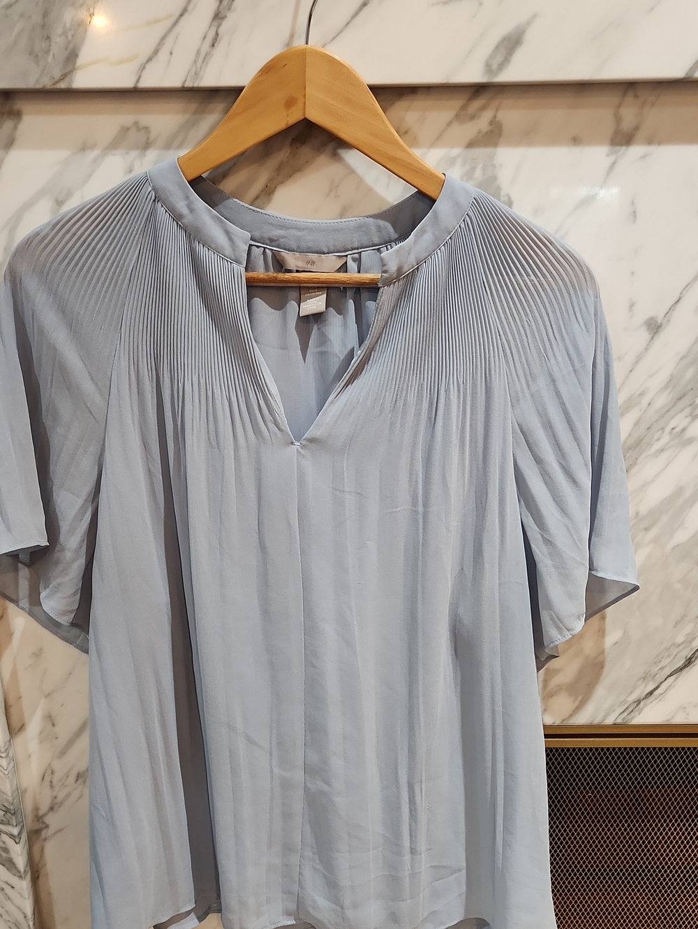 H&M Light Blue Pleated Shoulder V-Neck Blouse